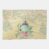 Elegant Waterverf Teapot and Flowers Gold Theedoek (Horizontaal)