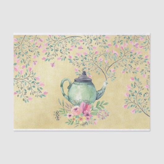 Elegant Waterverf Teapot and Flowers Gold Tissuepapier (Voorkant)