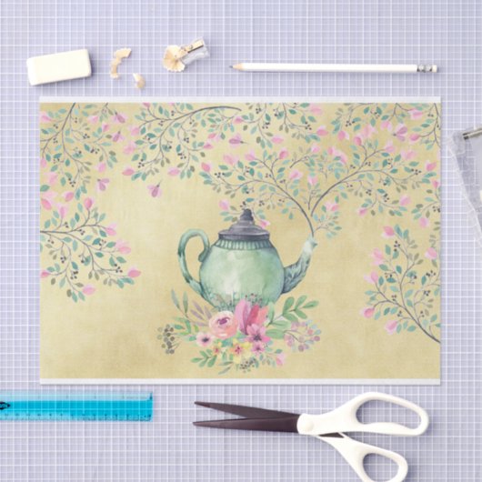 Elegant Waterverf Teapot and Flowers Gold Tissuepapier (Craft)