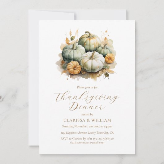 Elegant Waterverf Thanksgiving Diner Kaart (Voorkant)