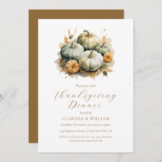 Elegant Waterverf Thanksgiving Diner Kaart (Voorkant / Achterkant)