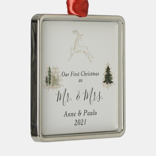 Elegant Waterverf Trees eerste kersthuwelijk Metalen Ornament (Rechts)