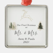 Elegant Waterverf Trees eerste kersthuwelijk Metalen Ornament (Voorkant)