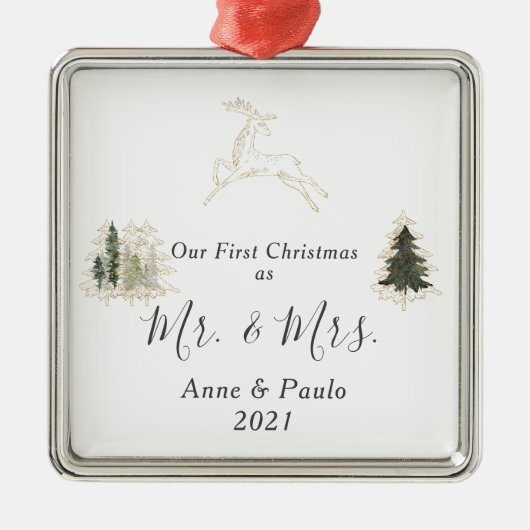 Elegant Waterverf Trees eerste kersthuwelijk Metalen Ornament (Voorkant)