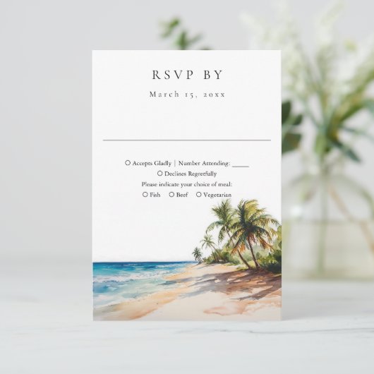 Elegant Waterverf Tropical Beach Wedding RSVP Kaartje (Staand voorkant)