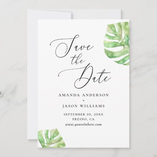 Elegant waterverf tropical monstera bruiloft save the date (Voorkant)