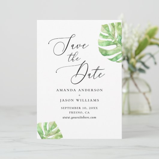 Elegant waterverf tropical monstera bruiloft save the date (Staand voorkant)