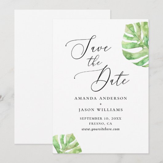 Elegant waterverf tropical monstera bruiloft save the date (Voorkant / Achterkant)