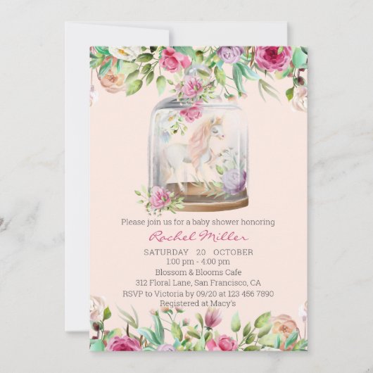 Elegant Waterverf Unicorn Chic Floral Baby shower Kaart (Voorkant)