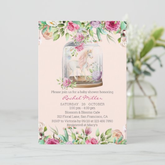Elegant Waterverf Unicorn Chic Floral Baby shower Kaart (Staand voorkant)