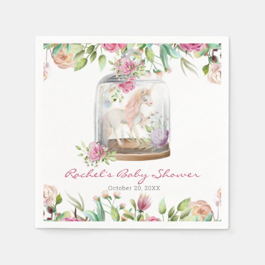 Elegant Waterverf Unicorn Chic Floral Baby shower Servet (Voorkant)