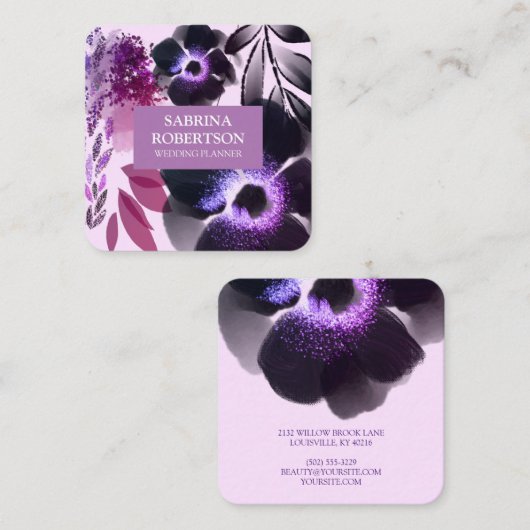 Elegant Waterverf  Violet en roze Floral Vierkante Visitekaartje (Voorkant / Achterkant)