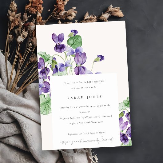 Elegant Waterverf Violet Floral Baby shower Kaart