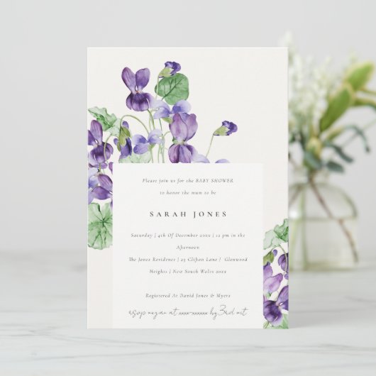 Elegant Waterverf Violet Floral Baby shower Kaart (Staand voorkant)