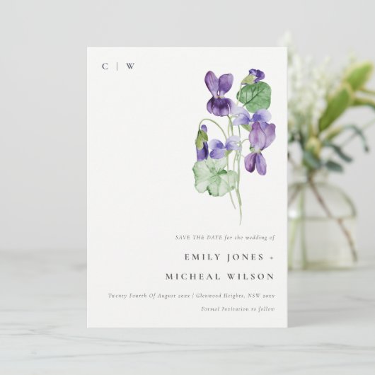 Elegant  Waterverf Violet Floral Bunch Save The Date (Staand voorkant)