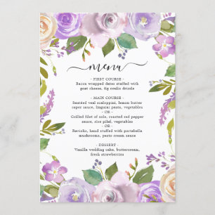 Elegant Waterverf Violet Paarse Floral Wedding Menu
