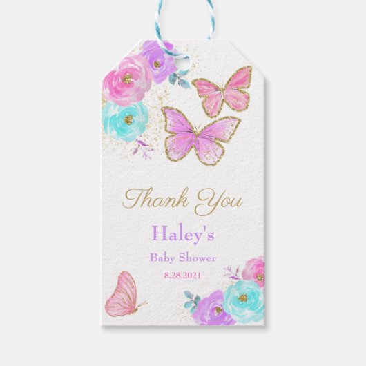 Elegant. Waterverf vlinderthema Baby Shower Cadeaulabel (Voorkant)