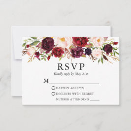 Elegant Waterverf Wedding Burgundy Floral Blue RSVP Kaartje