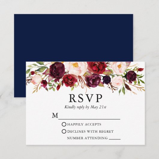 Elegant Waterverf Wedding Burgundy Floral Blue RSVP Kaartje (Voorkant / Achterkant)