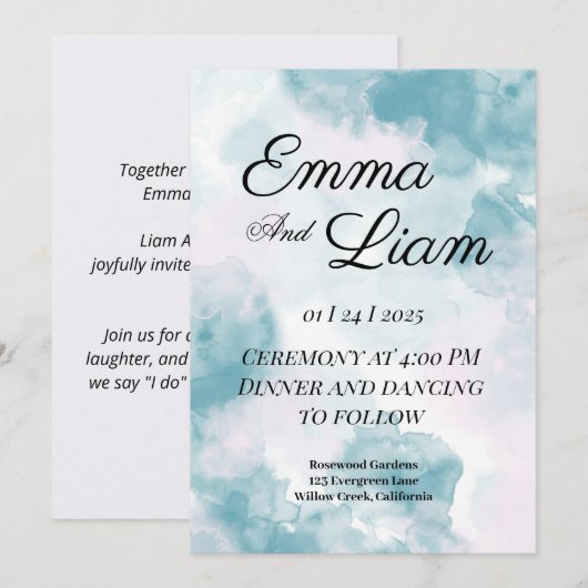 Elegant Waterverf Wedding Invitation Kaart (Voorkant / Achterkant)