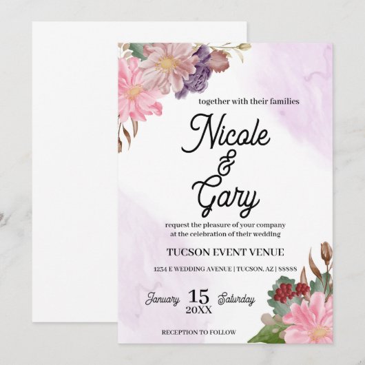 Elegant Waterverf Wedding Invitations Kaart (Voorkant / Achterkant)