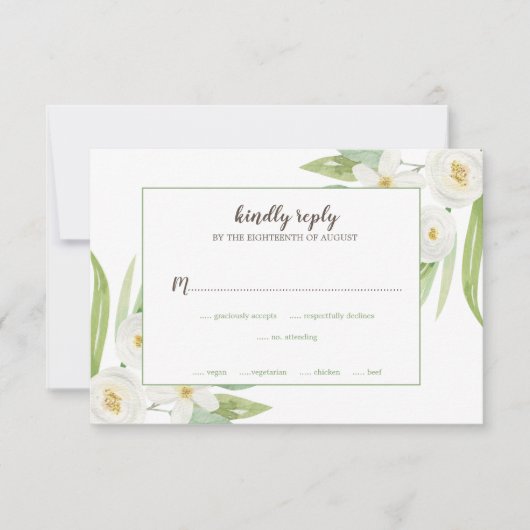 Elegant Waterverf White en Green Floral Wedding RSVP Kaartje (Voorkant)