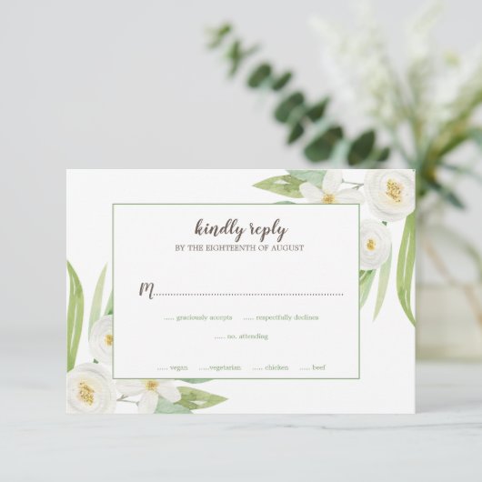 Elegant Waterverf White en Green Floral Wedding RSVP Kaartje (Staand voorkant)