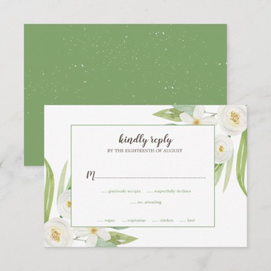 Elegant Waterverf White en Green Floral Wedding RSVP Kaartje (Voorkant / Achterkant)
