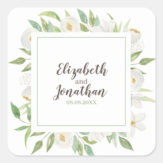 Elegant Waterverf White en Green Floral Wedding Vierkante Sticker (Voorkant)