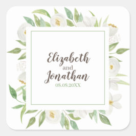 Elegant Waterverf White en Green Floral Wedding Vierkante Sticker