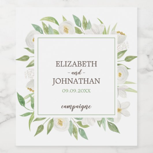 Elegant Waterverf White en Green Floral Wedding Wijn Etiket (Enkel label)