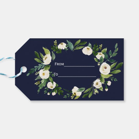 Elegant Waterverf White Floral Dark Blue Wedding Cadeaulabel (Achterkant Horizontaal)