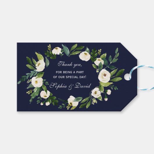 Elegant Waterverf White Floral Dark Blue Wedding Cadeaulabel (Voorkant (Horizontaal))