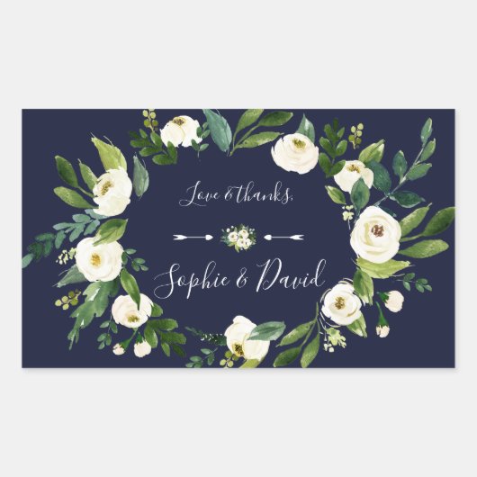 Elegant Waterverf White Floral Dark Blue Wedding Rechthoekige Sticker (Voorkant)