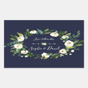 Elegant Waterverf White Floral Dark Blue Wedding Rechthoekige Sticker