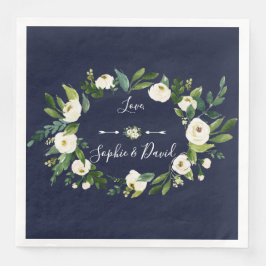 Elegant Waterverf White Floral Dark Blue Wedding Servet