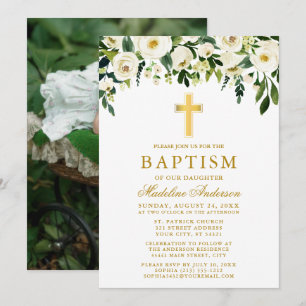 Elegant Waterverf White Floral Gold Baptism Foto Kaart