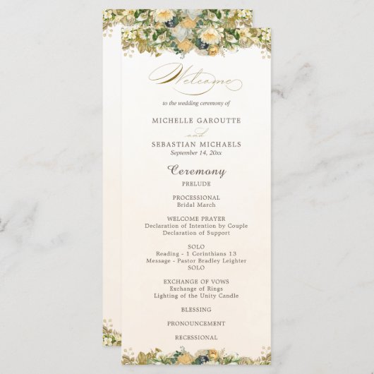Elegant Waterverf White Floral Gold Wedding Programmakaart (Voorkant / Achterkant)