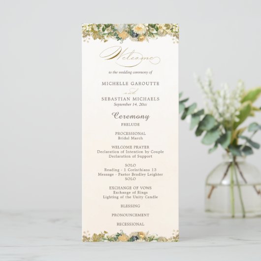 Elegant Waterverf White Floral Gold Wedding Programmakaart (Staand voorkant)