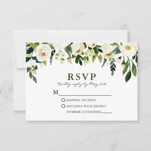 Elegant Waterverf White Floral Greenery RSVP Kaartje (Voorkant)
