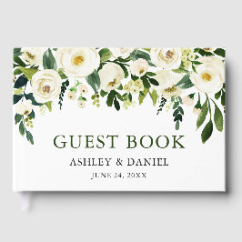 Elegant Waterverf White Floral Greenery Wedding Gastenboek