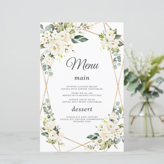 Elegant Waterverf White Flowers Gold Wedding Menu (Staand voorkant)