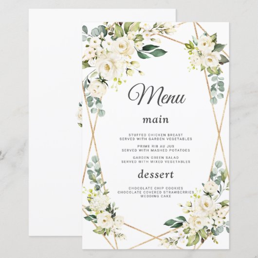Elegant Waterverf White Flowers Gold Wedding Menu (Voorkant / Achterkant)