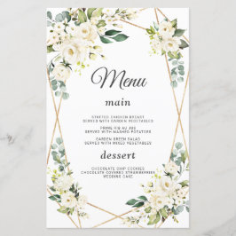 Elegant Waterverf White Flowers Gold Wedding Menu
