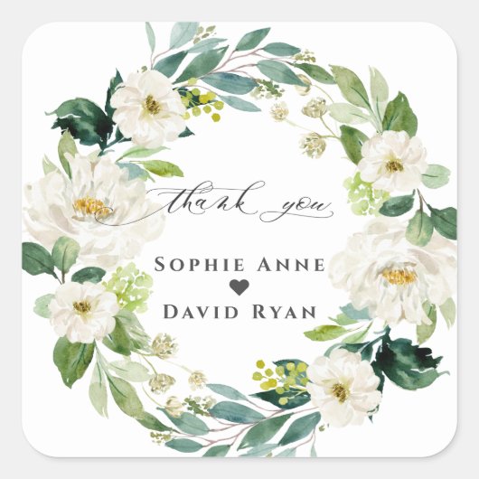 Elegant Waterverf White Flowers Wreatding Wedding Vierkante Sticker (Voorkant)