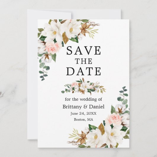 Elegant Waterverf White Magnolias Pink Roses Save The Date (Voorkant)