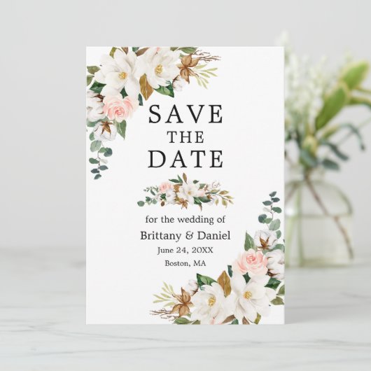 Elegant Waterverf White Magnolias Pink Roses Save The Date (Staand voorkant)