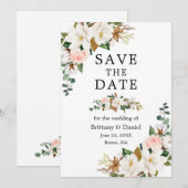Elegant Waterverf White Magnolias Pink Roses Save The Date (Voorkant / Achterkant)