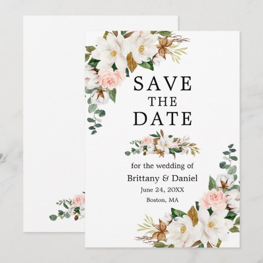 Elegant Waterverf White Magnolias Pink Roses Save The Date (Voorkant / Achterkant)