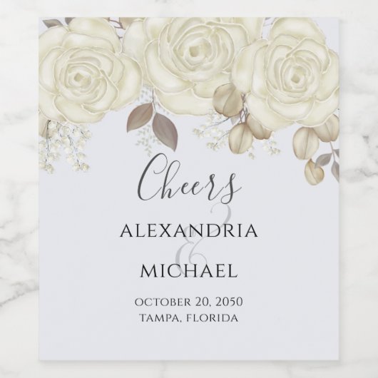 Elegant Waterverf White Rose Greenery Foliage Wijn Etiket (Enkel label)